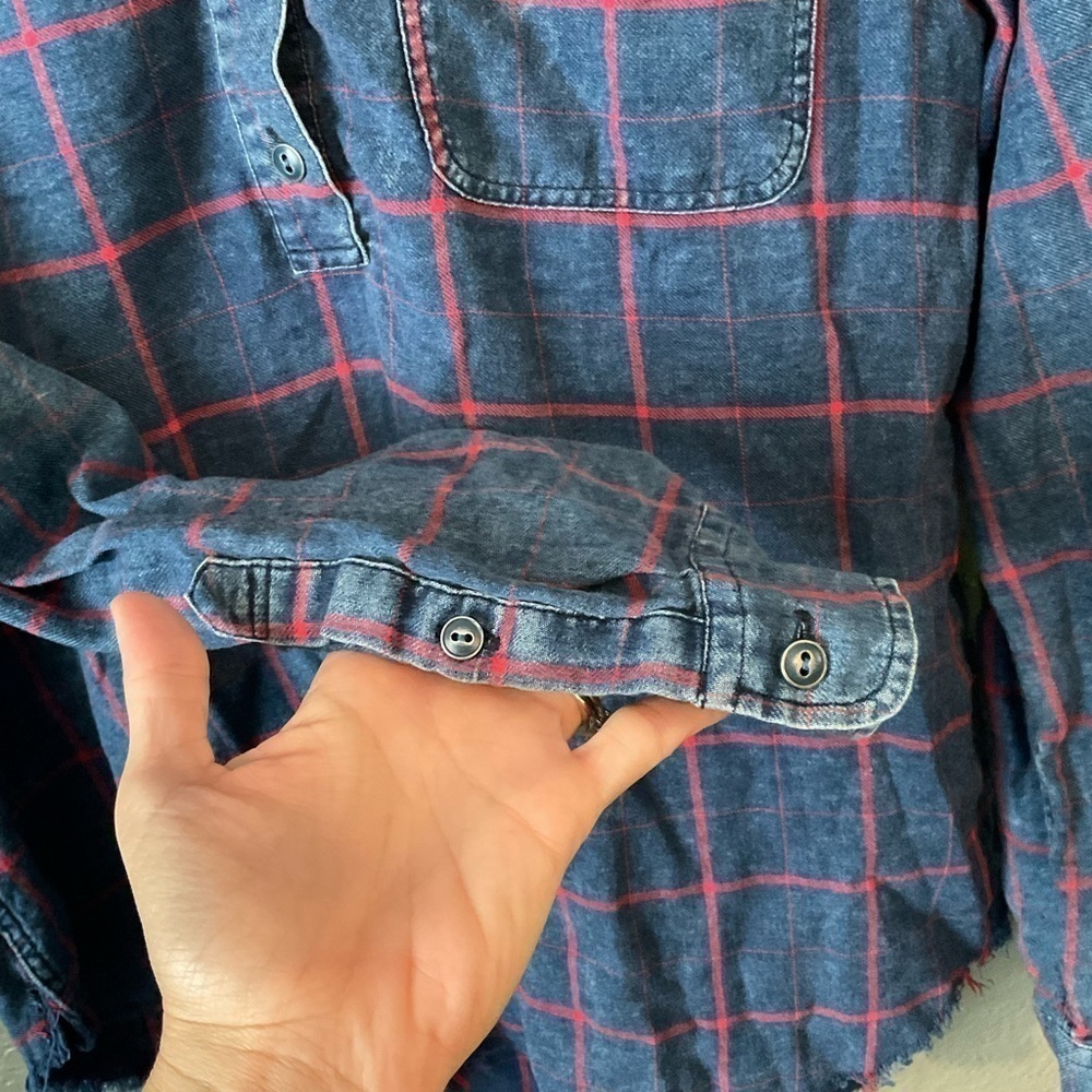 Faherty Blue Red Plaid 1/4 Button Flannel Raw Hem Long Sleeve Shirt Small - Picture 4 of 6